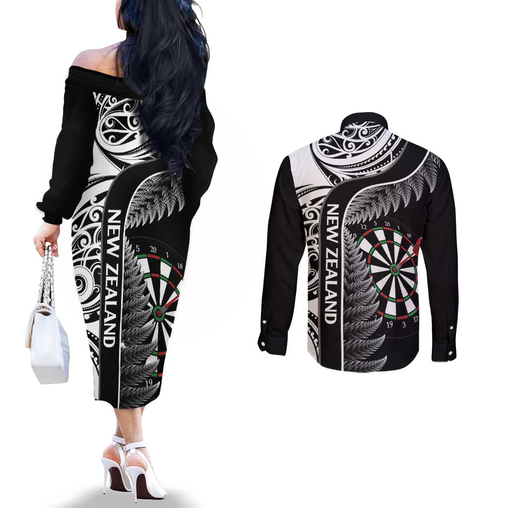 Personalised New Zealand Darts Couples Matching Off The Shoulder Long Sleeve Dress and Long Sleeve Button Shirt Aotearoa Fern Mix Paua Shell Manaia - Black LT14 - Polynesian Pride