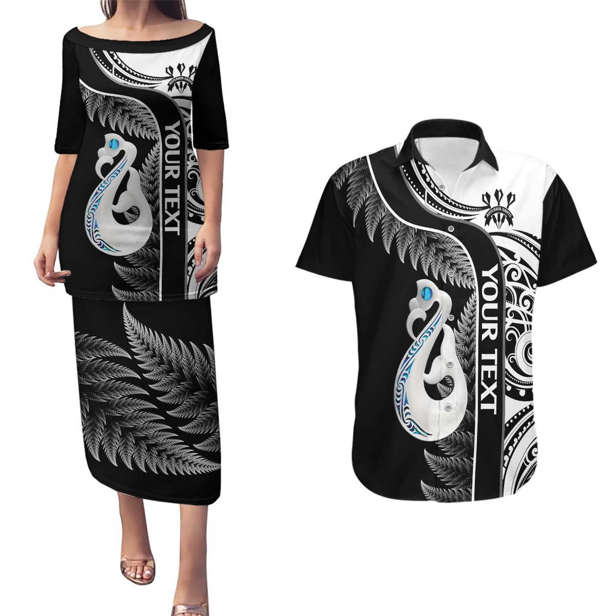 Personalised New Zealand Darts Couples Matching Puletasi and Hawaiian Shirt Aotearoa Fern Mix Paua Shell Manaia - Black LT14 Black - Polynesian Pride