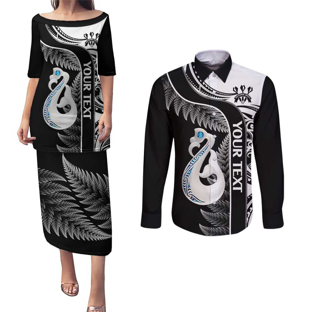Personalised New Zealand Darts Couples Matching Puletasi and Long Sleeve Button Shirt Aotearoa Fern Mix Paua Shell Manaia - Black LT14 Black - Polynesian Pride