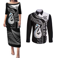 Personalised New Zealand Darts Couples Matching Puletasi and Long Sleeve Button Shirt Aotearoa Fern Mix Paua Shell Manaia - Black LT14 Black - Polynesian Pride