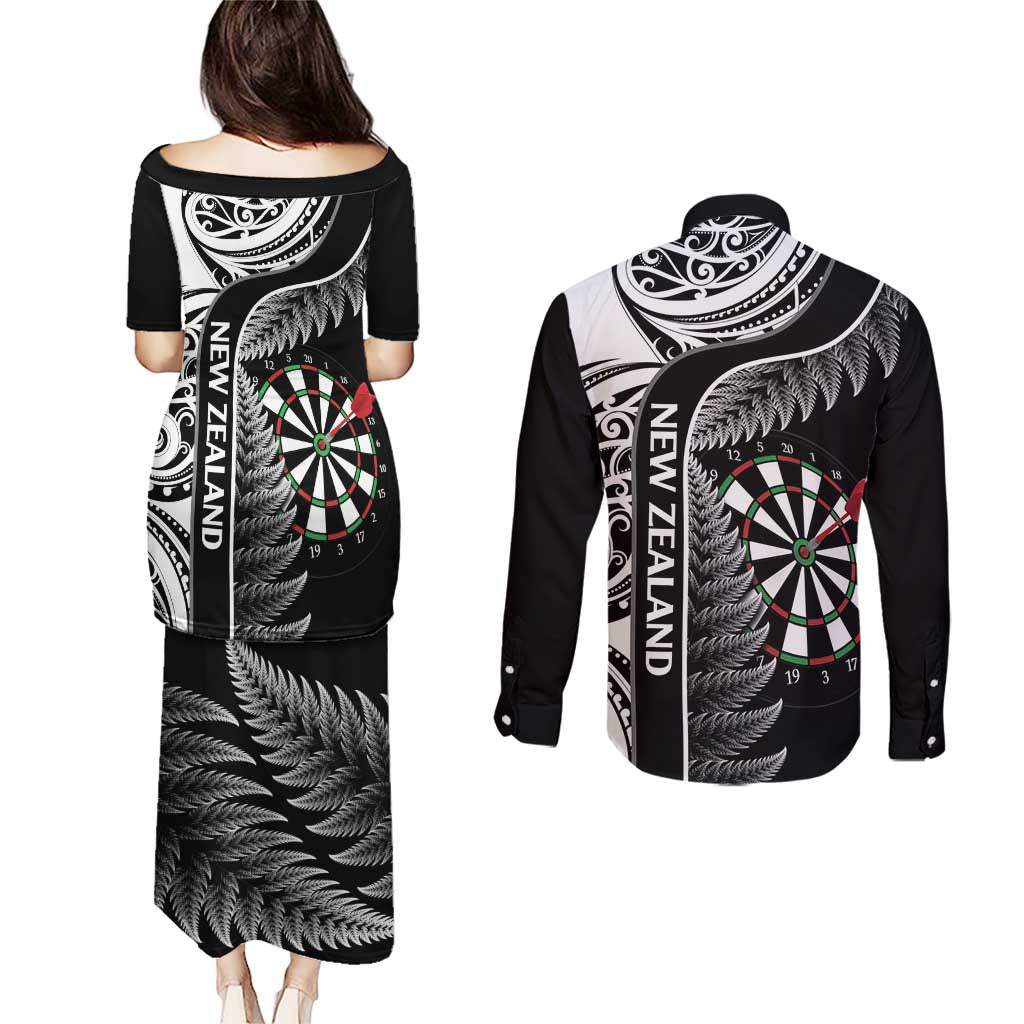 Personalised New Zealand Darts Couples Matching Puletasi and Long Sleeve Button Shirt Aotearoa Fern Mix Paua Shell Manaia - Black LT14 - Polynesian Pride