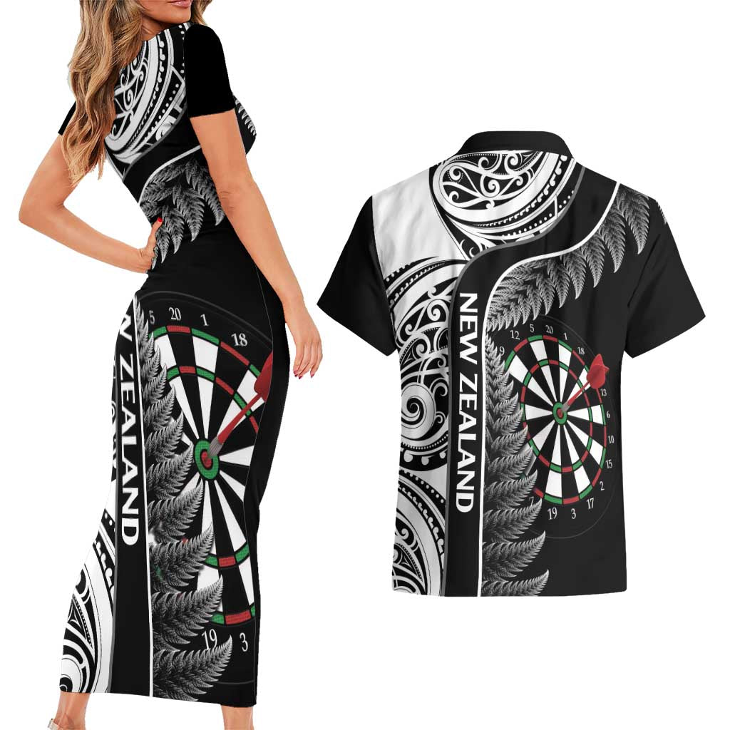 Personalised New Zealand Darts Couples Matching Short Sleeve Bodycon Dress and Hawaiian Shirt Aotearoa Fern Mix Paua Shell Manaia - Black LT14 - Polynesian Pride