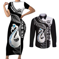 Personalised New Zealand Darts Couples Matching Short Sleeve Bodycon Dress and Long Sleeve Button Shirt Aotearoa Fern Mix Paua Shell Manaia - Black LT14 Black - Polynesian Pride