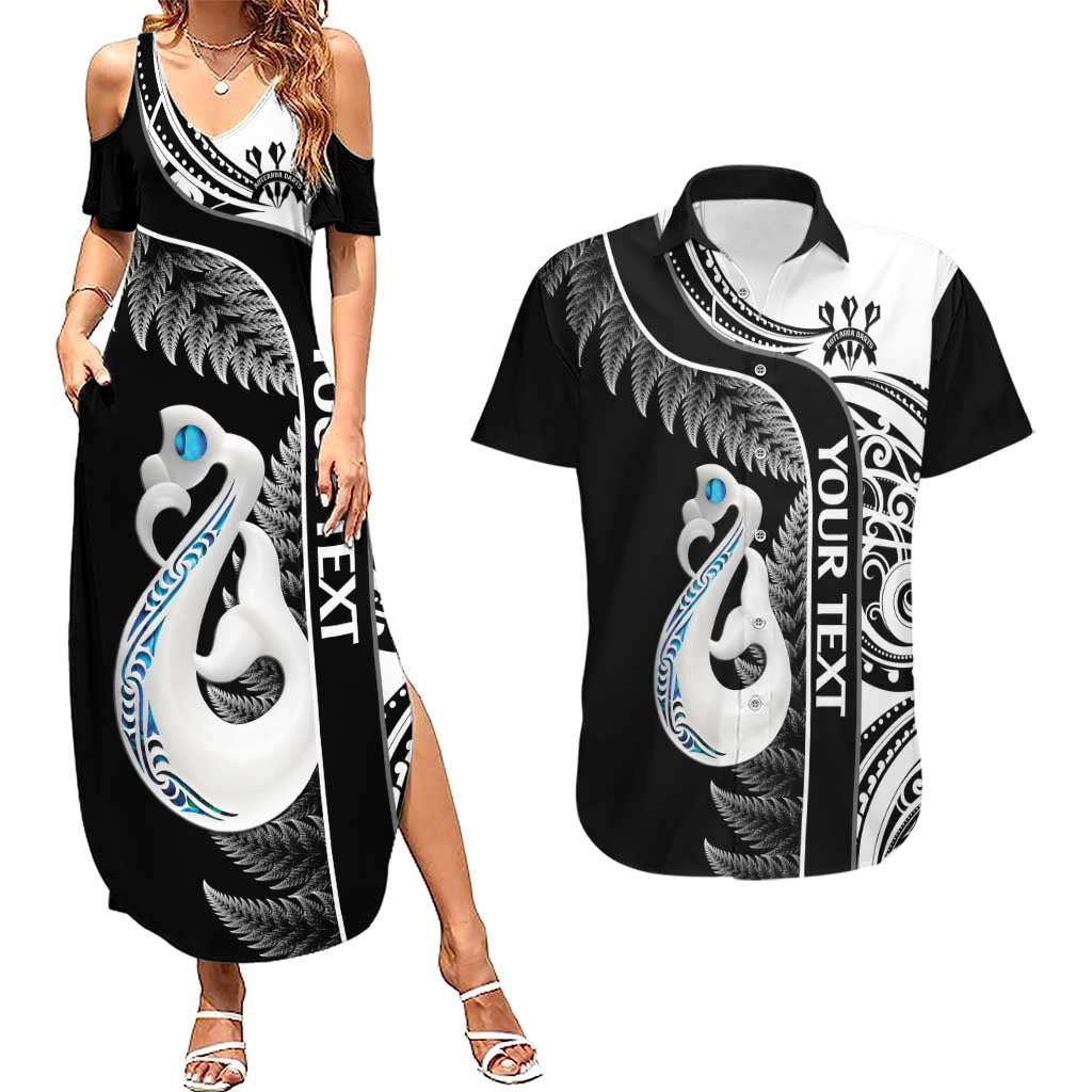Personalised New Zealand Darts Couples Matching Summer Maxi Dress and Hawaiian Shirt Aotearoa Fern Mix Paua Shell Manaia - Black LT14 Black - Polynesian Pride