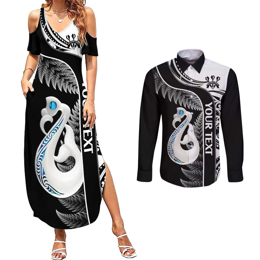 Personalised New Zealand Darts Couples Matching Summer Maxi Dress and Long Sleeve Button Shirt Aotearoa Fern Mix Paua Shell Manaia - Black LT14 Black - Polynesian Pride
