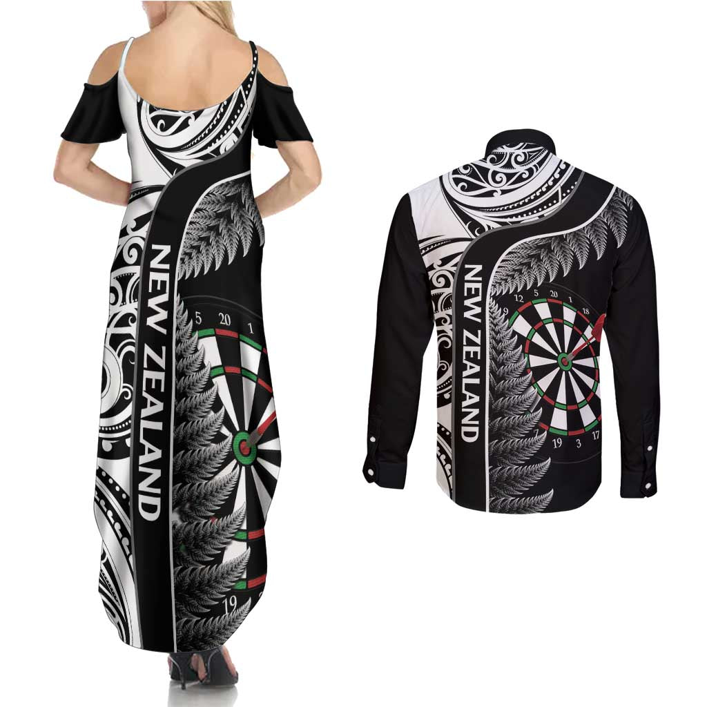 Personalised New Zealand Darts Couples Matching Summer Maxi Dress and Long Sleeve Button Shirt Aotearoa Fern Mix Paua Shell Manaia - Black LT14 - Polynesian Pride