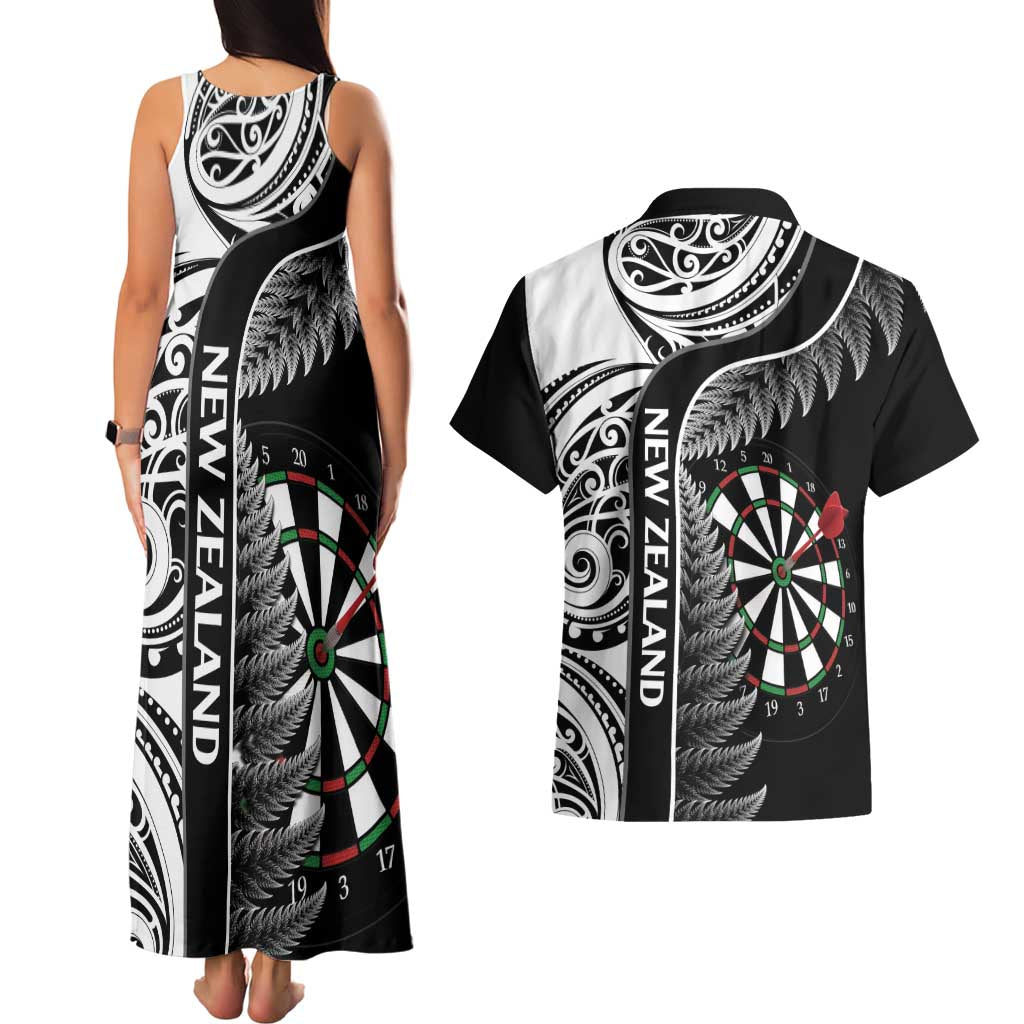 Personalised New Zealand Darts Couples Matching Tank Maxi Dress and Hawaiian Shirt Aotearoa Fern Mix Paua Shell Manaia - Black LT14 - Polynesian Pride