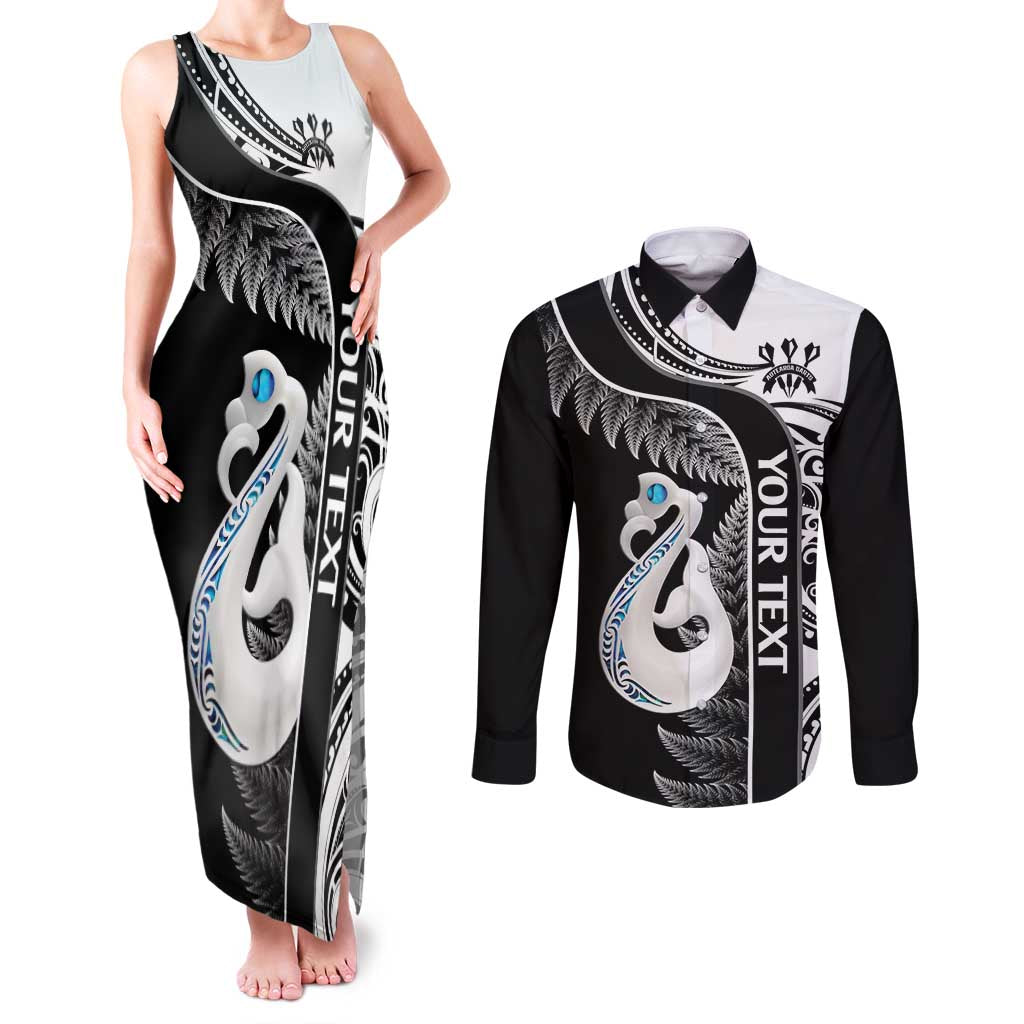 Personalised New Zealand Darts Couples Matching Tank Maxi Dress and Long Sleeve Button Shirt Aotearoa Fern Mix Paua Shell Manaia - Black LT14 Black - Polynesian Pride