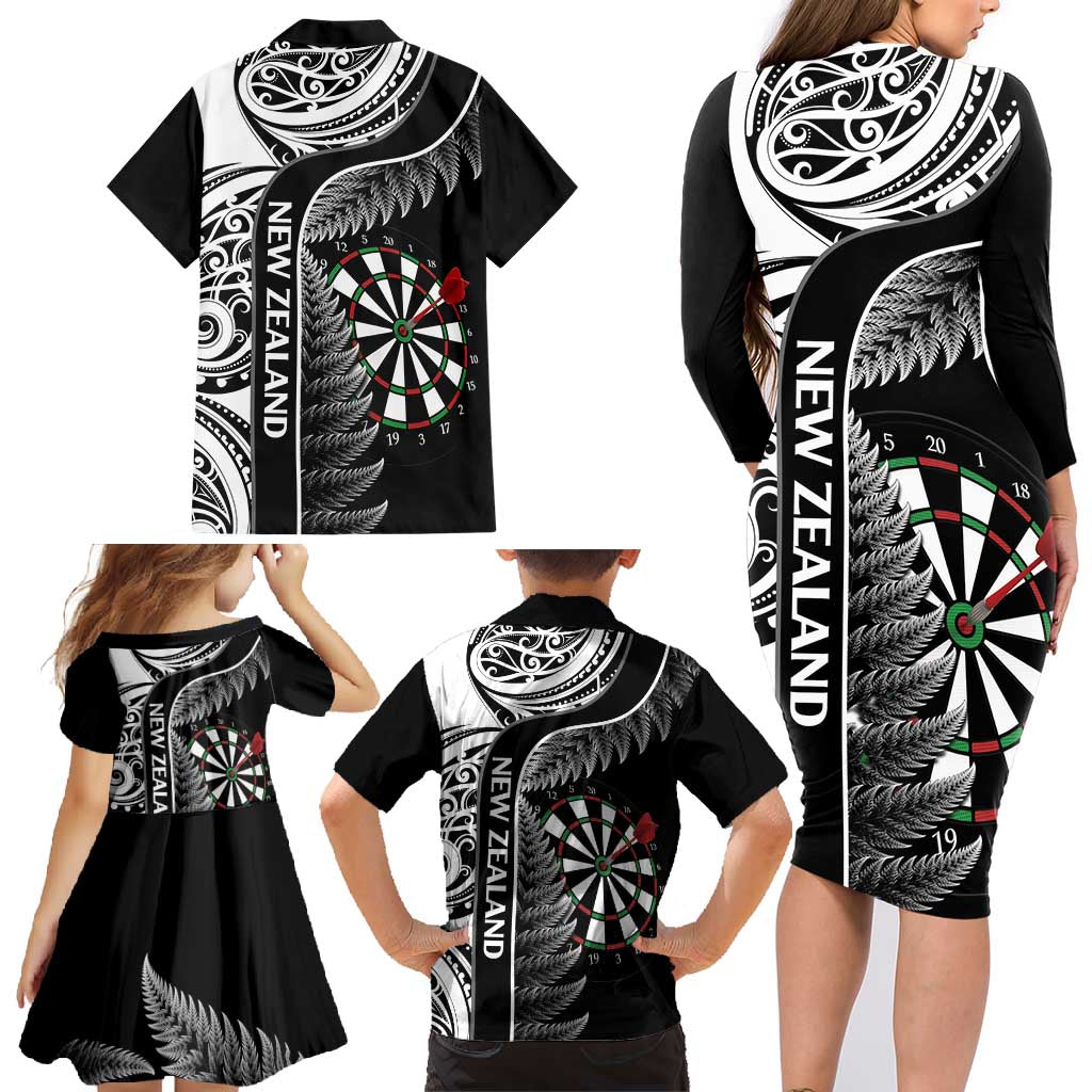 Personalised New Zealand Darts Family Matching Long Sleeve Bodycon Dress and Hawaiian Shirt Aotearoa Fern Mix Paua Shell Manaia - Black LT14 - Polynesian Pride