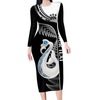 Personalised New Zealand Darts Family Matching Long Sleeve Bodycon Dress and Hawaiian Shirt Aotearoa Fern Mix Paua Shell Manaia - Black LT14 Mom's Dress Black - Polynesian Pride
