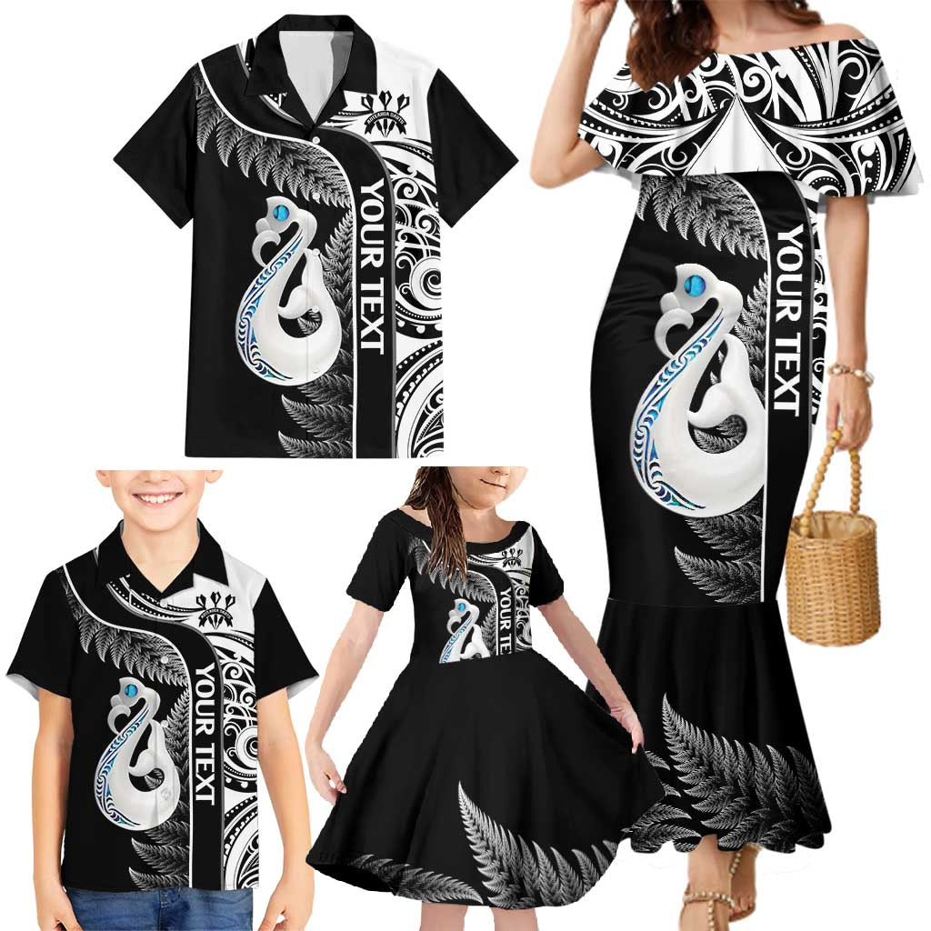 Personalised New Zealand Darts Family Matching Mermaid Dress and Hawaiian Shirt Aotearoa Fern Mix Paua Shell Manaia - Black LT14 - Polynesian Pride