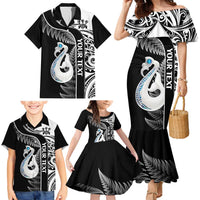 Personalised New Zealand Darts Family Matching Mermaid Dress and Hawaiian Shirt Aotearoa Fern Mix Paua Shell Manaia - Black LT14 - Polynesian Pride