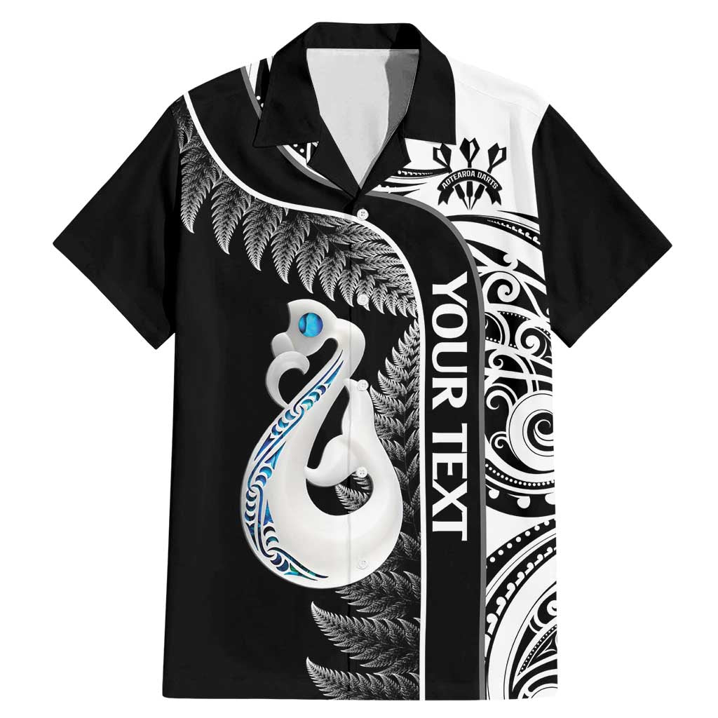 Personalised New Zealand Darts Family Matching Mermaid Dress and Hawaiian Shirt Aotearoa Fern Mix Paua Shell Manaia - Black LT14 Dad's Shirt - Short Sleeve Black - Polynesian Pride