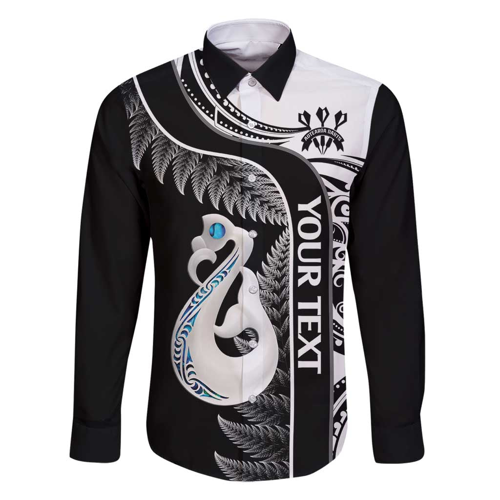Personalised New Zealand Darts Family Matching Mermaid Dress and Hawaiian Shirt Aotearoa Fern Mix Paua Shell Manaia - Black LT14 Dad's Shirt - Long Sleeve Black - Polynesian Pride