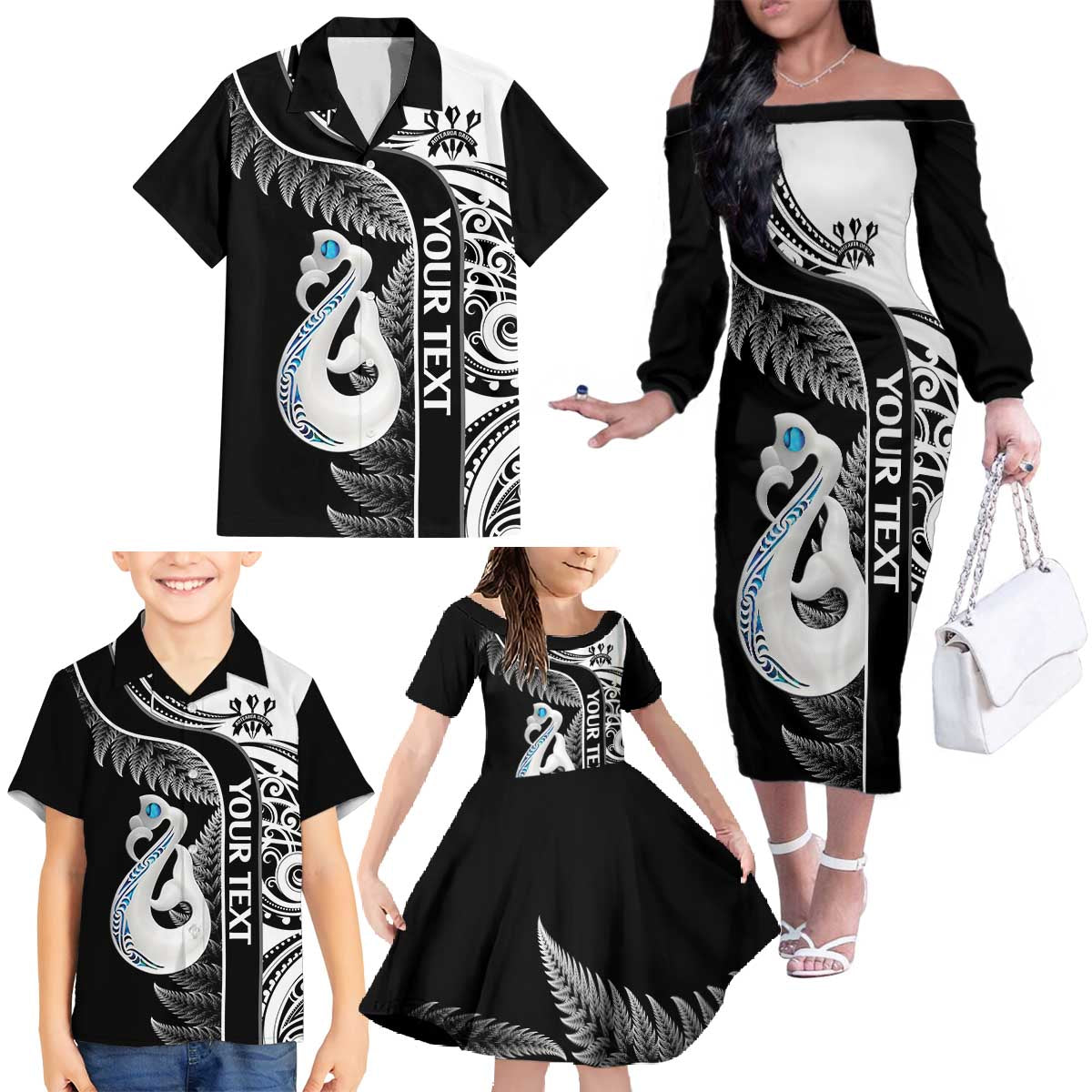 Personalised New Zealand Darts Family Matching Off The Shoulder Long Sleeve Dress and Hawaiian Shirt Aotearoa Fern Mix Paua Shell Manaia - Black LT14 - Polynesian Pride
