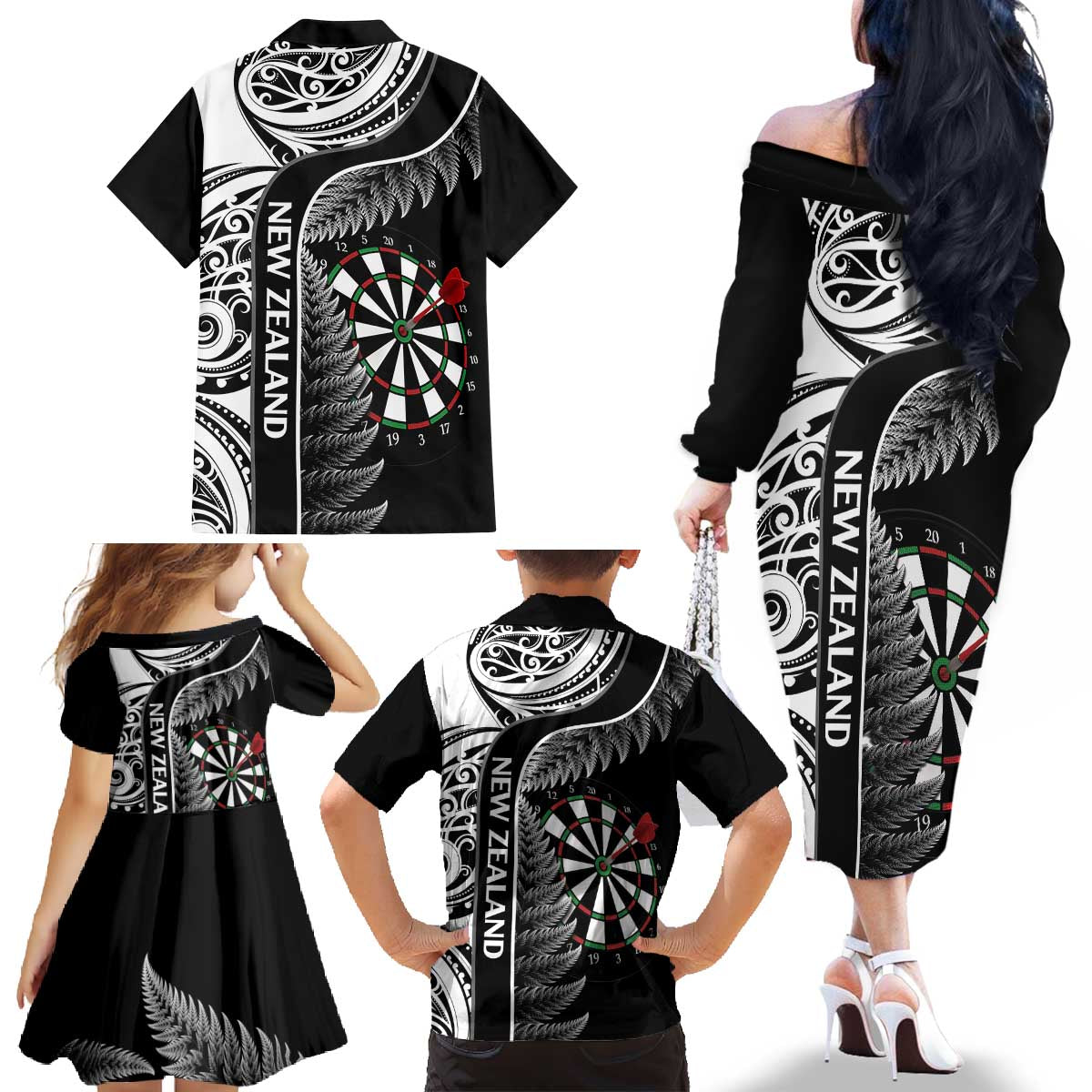 Personalised New Zealand Darts Family Matching Off The Shoulder Long Sleeve Dress and Hawaiian Shirt Aotearoa Fern Mix Paua Shell Manaia - Black LT14 - Polynesian Pride