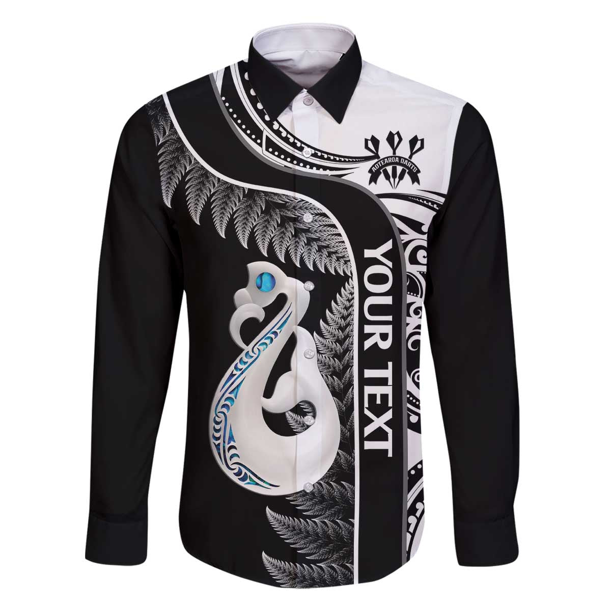 Personalised New Zealand Darts Family Matching Off The Shoulder Long Sleeve Dress and Hawaiian Shirt Aotearoa Fern Mix Paua Shell Manaia - Black LT14 Dad's Shirt - Long Sleeve Black - Polynesian Pride