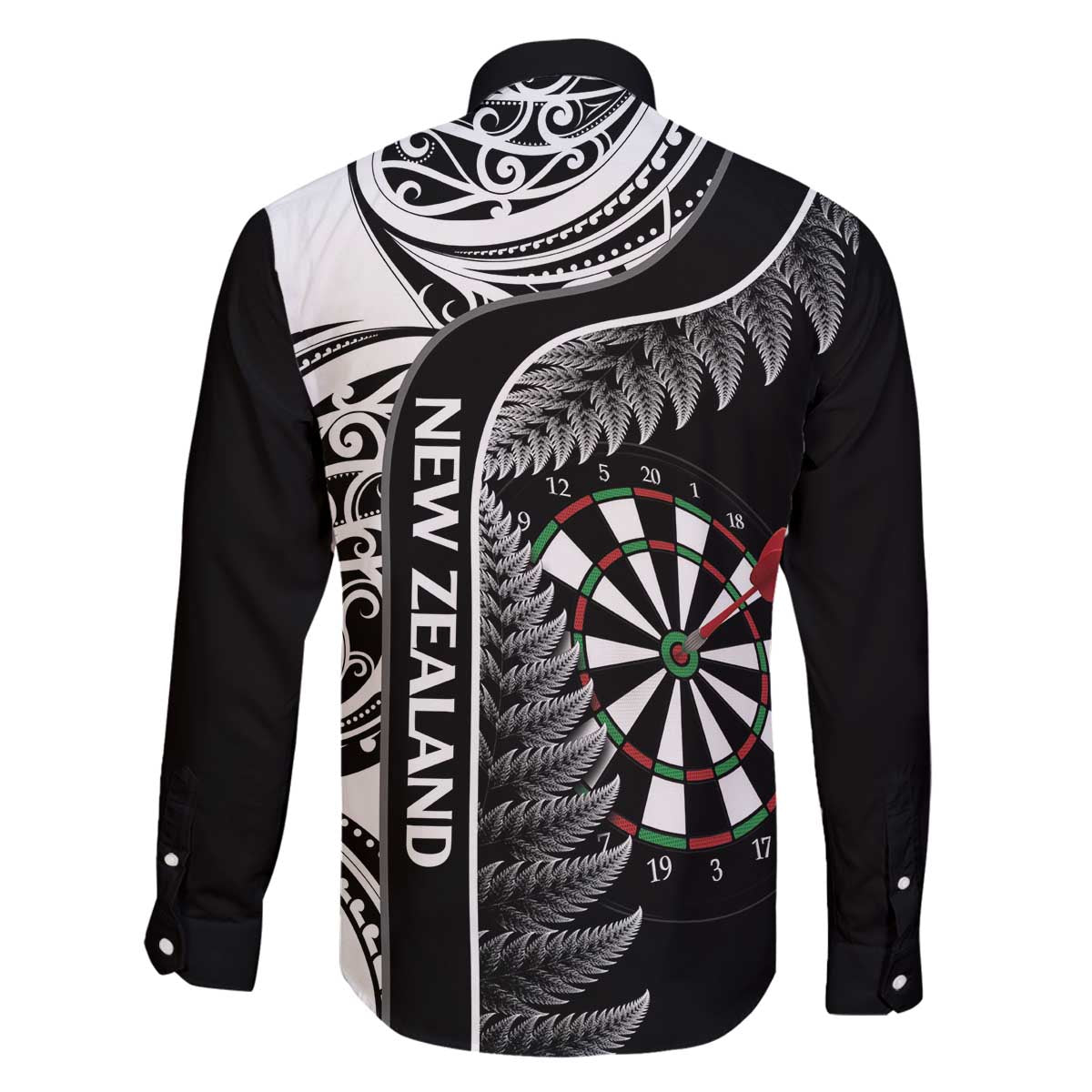 Personalised New Zealand Darts Family Matching Off The Shoulder Long Sleeve Dress and Hawaiian Shirt Aotearoa Fern Mix Paua Shell Manaia - Black LT14 - Polynesian Pride
