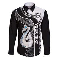 Personalised New Zealand Darts Family Matching Off Shoulder Maxi Dress and Hawaiian Shirt Aotearoa Fern Mix Paua Shell Manaia - Black LT14 Dad's Shirt - Long Sleeve Black - Polynesian Pride