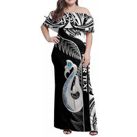 Personalised New Zealand Darts Family Matching Off Shoulder Maxi Dress and Hawaiian Shirt Aotearoa Fern Mix Paua Shell Manaia - Black LT14 Mom's Dress Black - Polynesian Pride