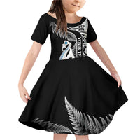 Personalised New Zealand Darts Family Matching Off Shoulder Short Dress and Hawaiian Shirt Aotearoa Fern Mix Paua Shell Manaia - Black LT14 Daughter's Dress Black - Polynesian Pride