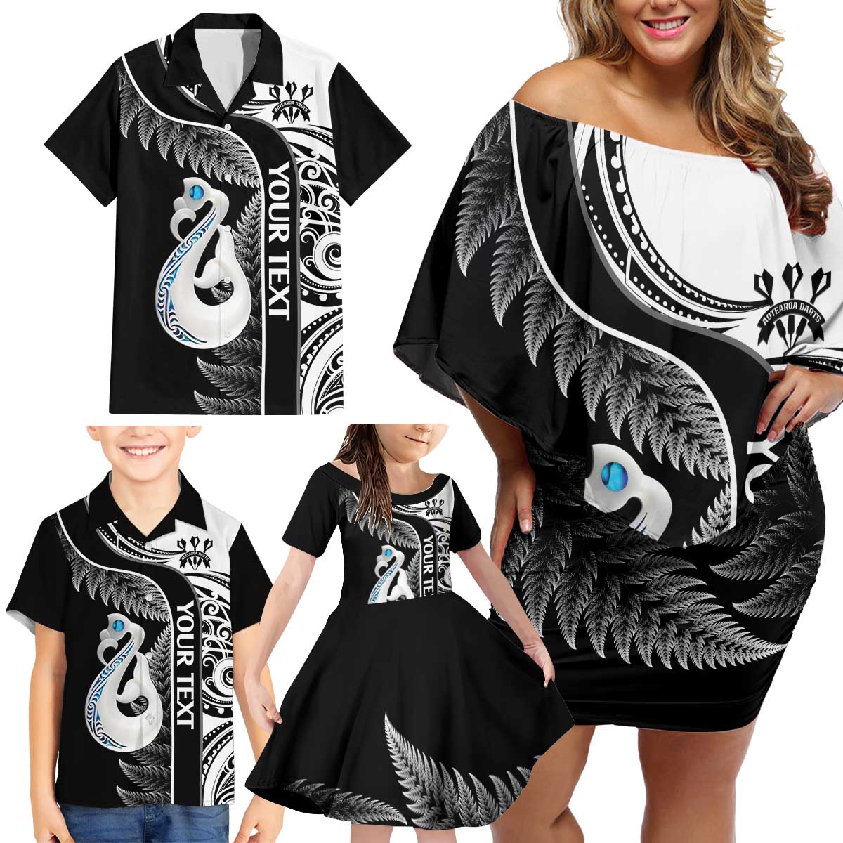 Personalised New Zealand Darts Family Matching Off Shoulder Short Dress and Hawaiian Shirt Aotearoa Fern Mix Paua Shell Manaia - Black LT14 - Polynesian Pride