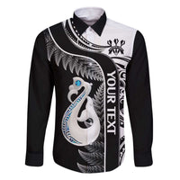 Personalised New Zealand Darts Family Matching Off Shoulder Short Dress and Hawaiian Shirt Aotearoa Fern Mix Paua Shell Manaia - Black LT14 Dad's Shirt - Long Sleeve Black - Polynesian Pride