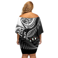 Personalised New Zealand Darts Family Matching Off Shoulder Short Dress and Hawaiian Shirt Aotearoa Fern Mix Paua Shell Manaia - Black LT14 - Polynesian Pride