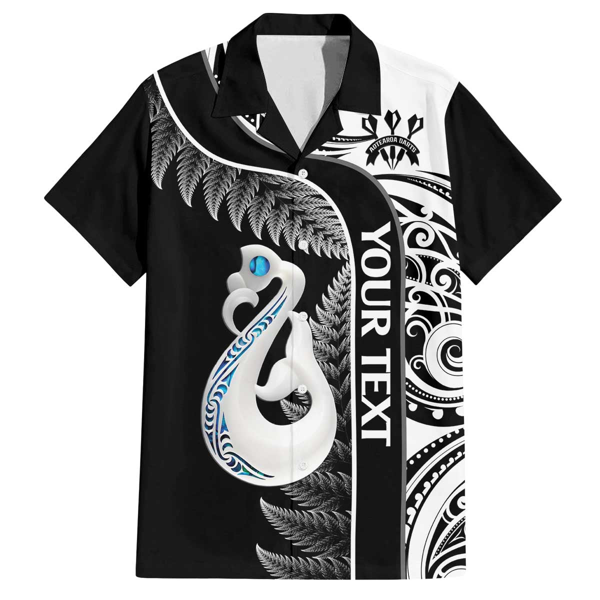 Personalised New Zealand Darts Family Matching Puletasi and Hawaiian Shirt Aotearoa Fern Mix Paua Shell Manaia - Black LT14 Dad's Shirt - Short Sleeve Black - Polynesian Pride