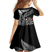 Personalised New Zealand Darts Family Matching Short Sleeve Bodycon Dress and Hawaiian Shirt Aotearoa Fern Mix Paua Shell Manaia - Black LT14 - Polynesian Pride
