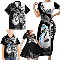 Personalised New Zealand Darts Family Matching Short Sleeve Bodycon Dress and Hawaiian Shirt Aotearoa Fern Mix Paua Shell Manaia - Black LT14 - Polynesian Pride