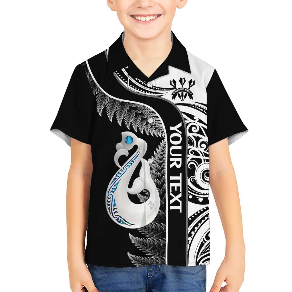 Personalised New Zealand Darts Family Matching Short Sleeve Bodycon Dress and Hawaiian Shirt Aotearoa Fern Mix Paua Shell Manaia - Black LT14 Son's Shirt Black - Polynesian Pride