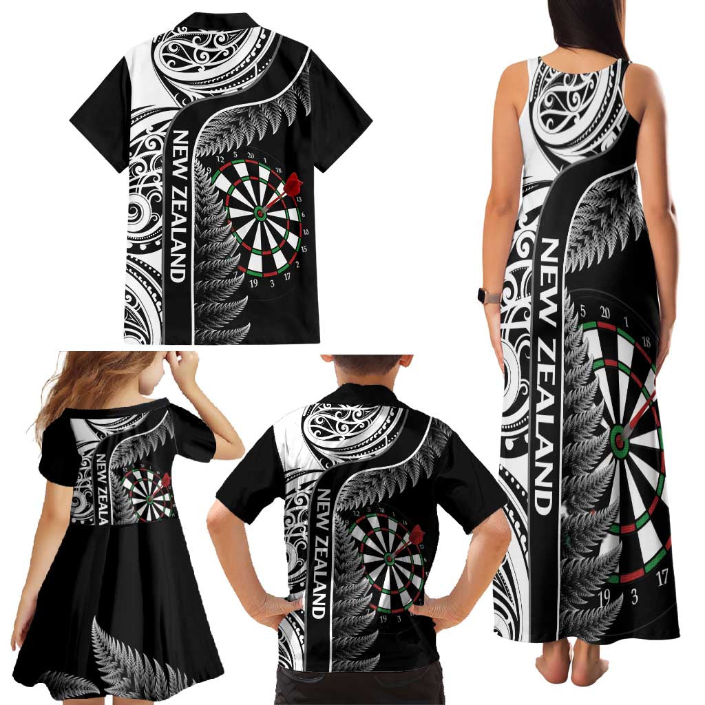 Personalised New Zealand Darts Family Matching Tank Maxi Dress and Hawaiian Shirt Aotearoa Fern Mix Paua Shell Manaia - Black LT14 - Polynesian Pride