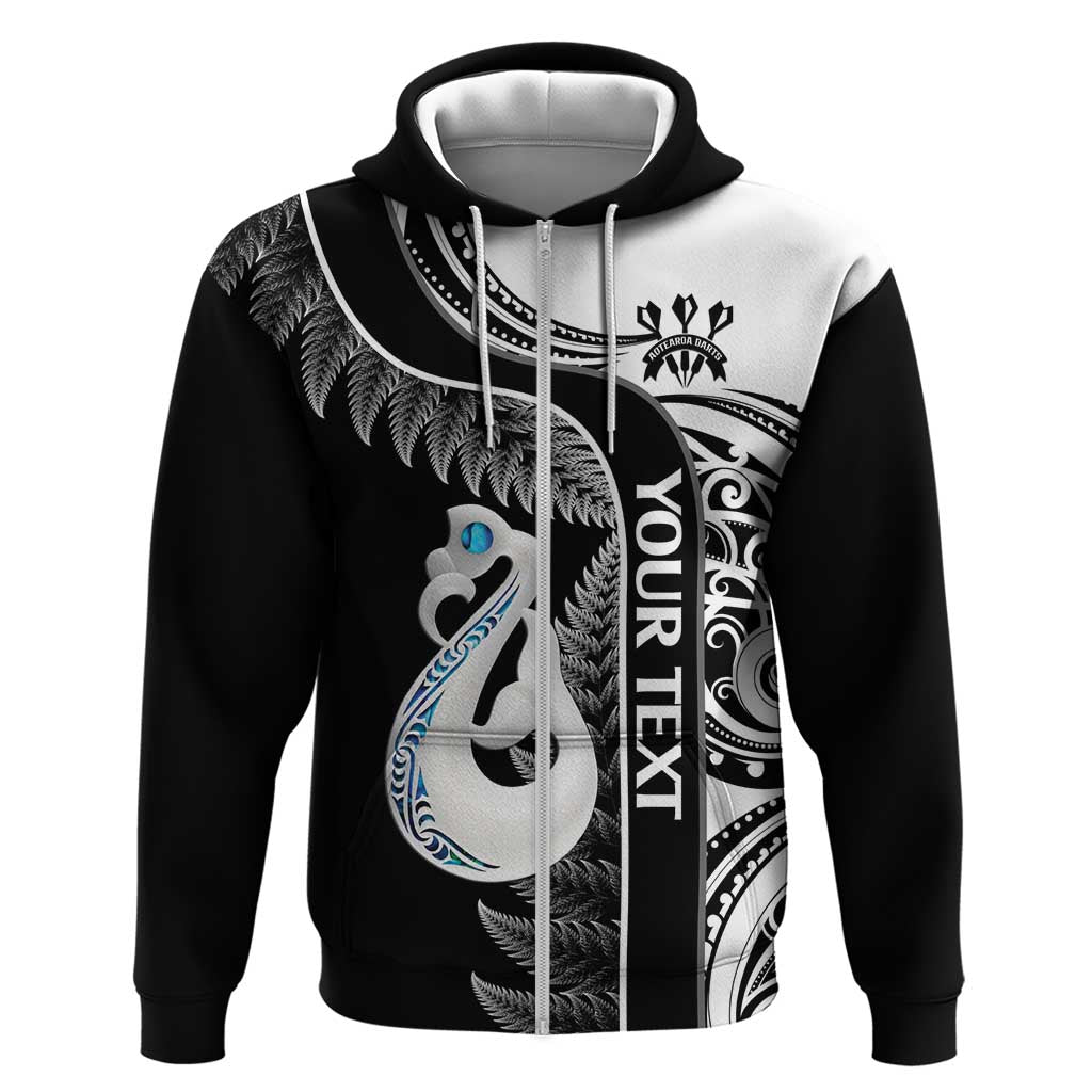 Personalised New Zealand Darts Hoodie Aotearoa Fern Mix Paua Shell Manaia - Black LT14 Zip Hoodie Black - Polynesian Pride