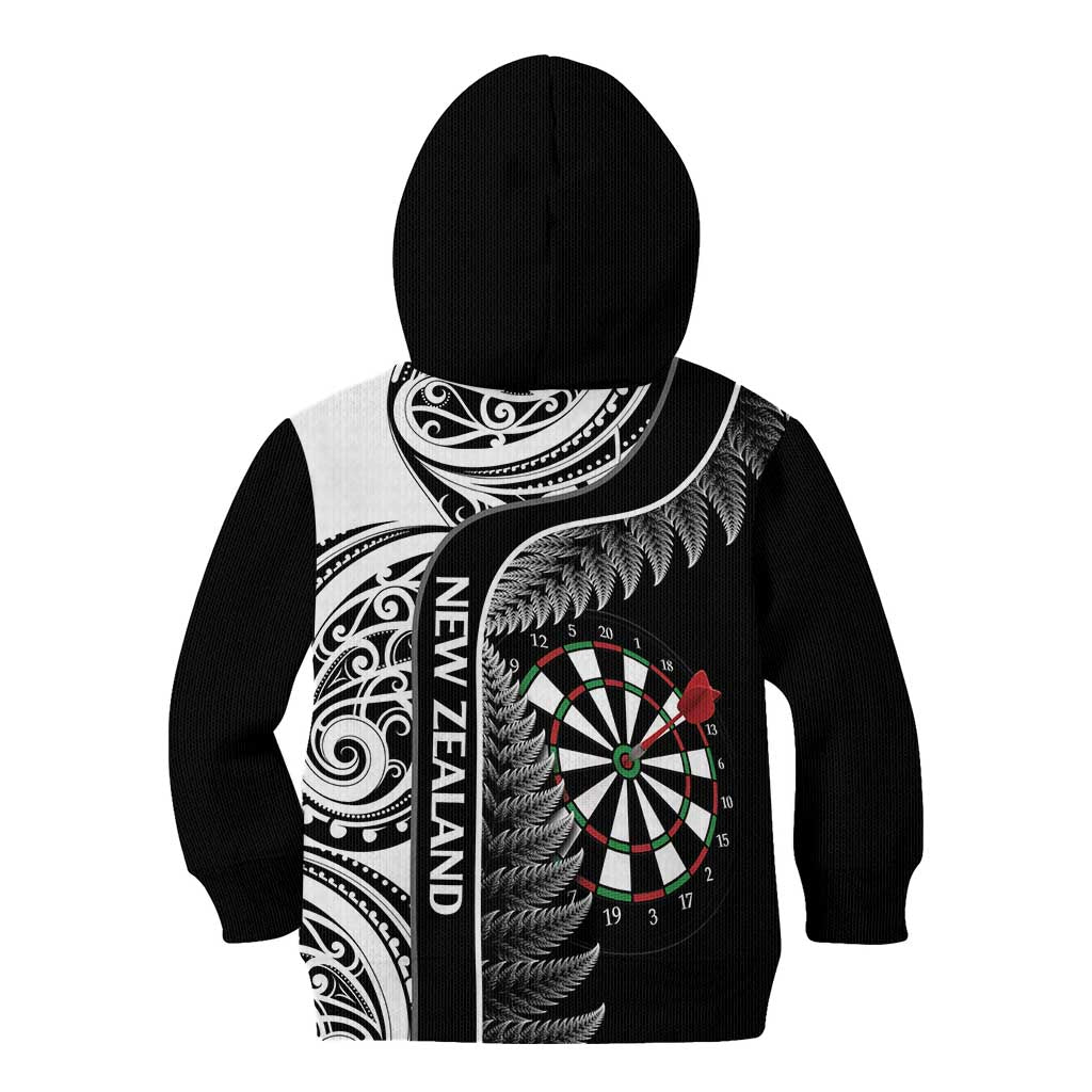 Personalised New Zealand Darts Kid Hoodie Aotearoa Fern Mix Paua Shell Manaia - Black LT14 - Polynesian Pride