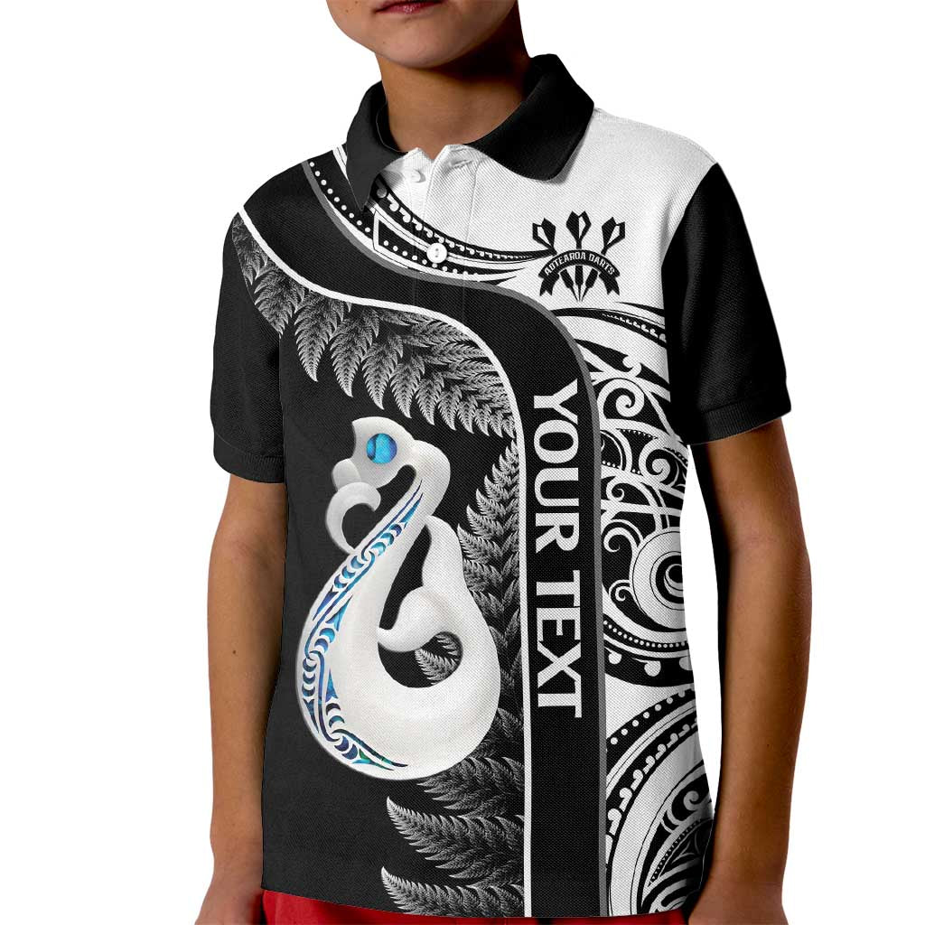 Personalised New Zealand Darts Kid Polo Shirt Aotearoa Fern Mix Paua Shell Manaia - Black LT14 Kid Black - Polynesian Pride