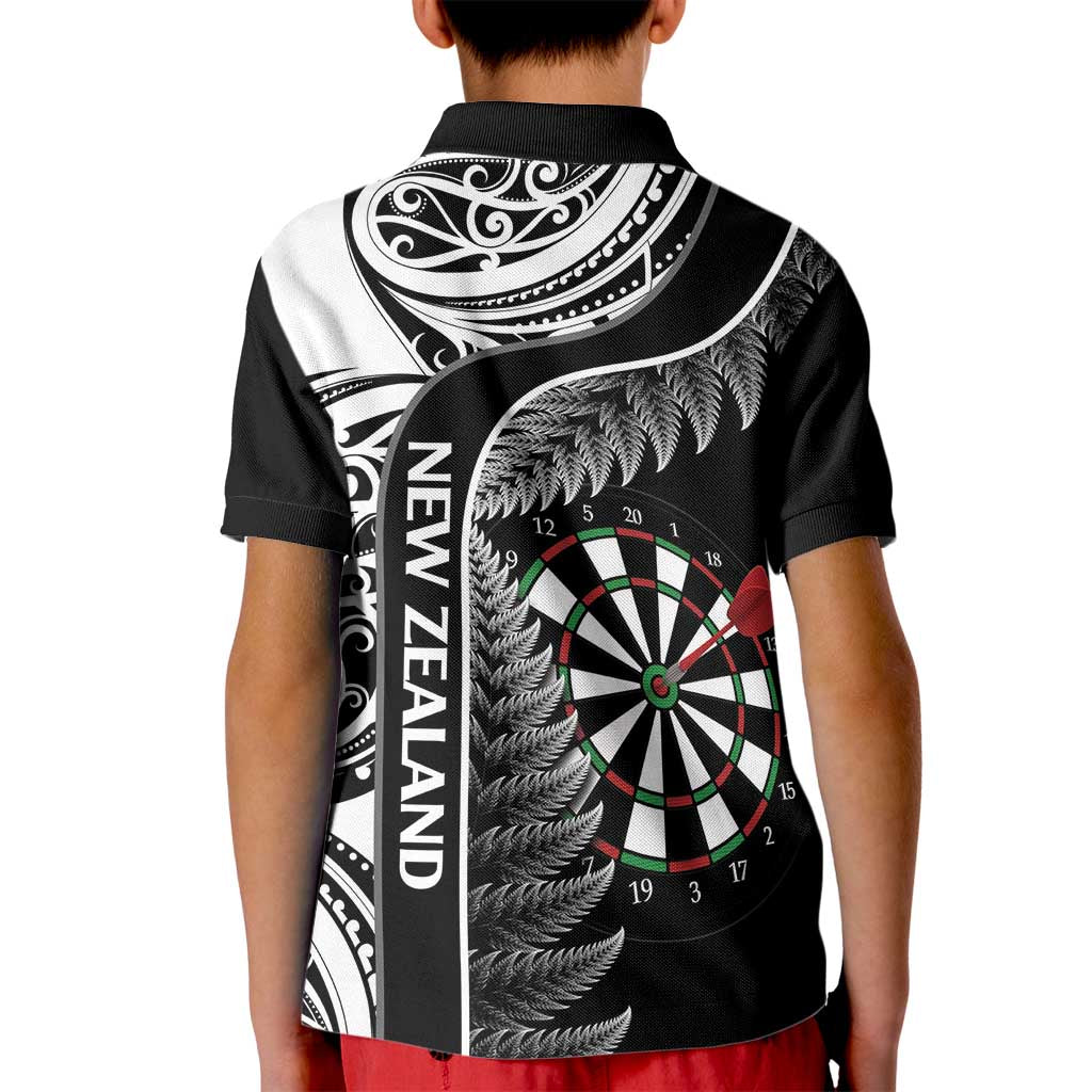 Personalised New Zealand Darts Kid Polo Shirt Aotearoa Fern Mix Paua Shell Manaia - Black LT14 - Polynesian Pride