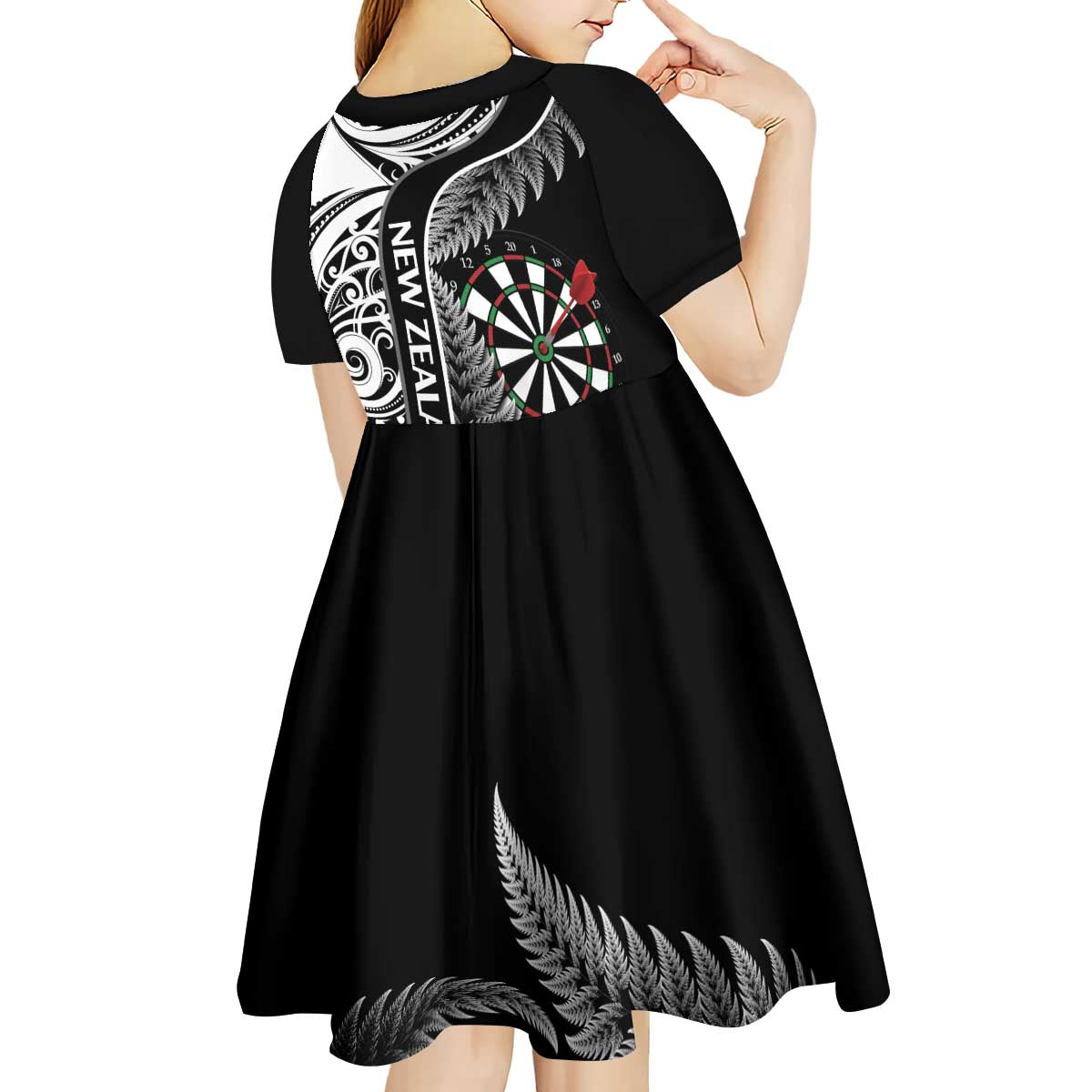 Personalised New Zealand Darts Kid Short Sleeve Dress Aotearoa Fern Mix Paua Shell Manaia - Black LT14 - Polynesian Pride