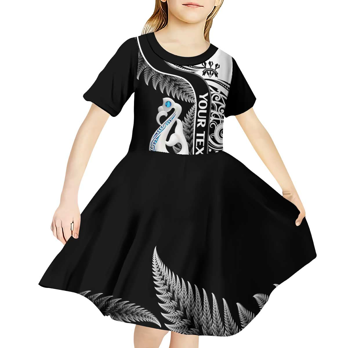 Personalised New Zealand Darts Kid Short Sleeve Dress Aotearoa Fern Mix Paua Shell Manaia - Black LT14 - Polynesian Pride