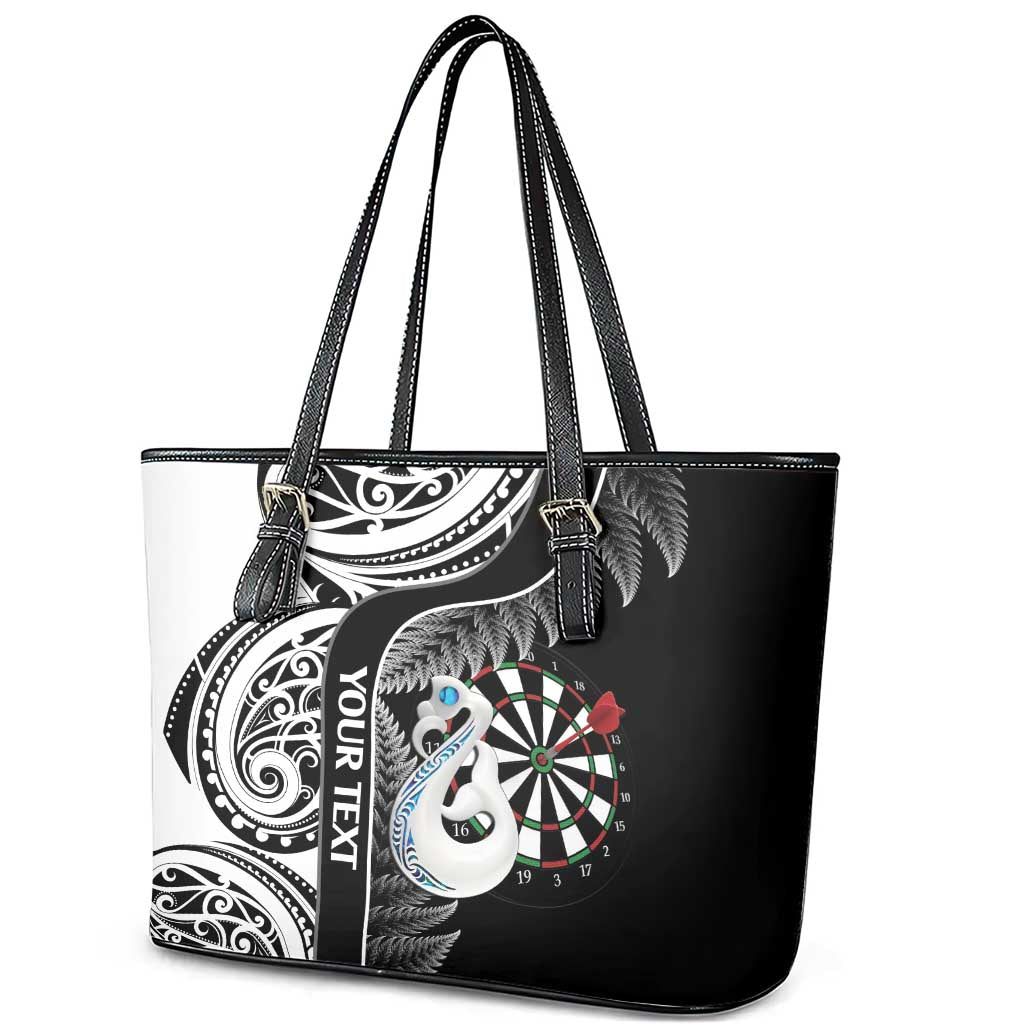 Personalised New Zealand Darts Leather Tote Bag Aotearoa Fern Mix Paua Shell Manaia - Black LT14 - Polynesian Pride