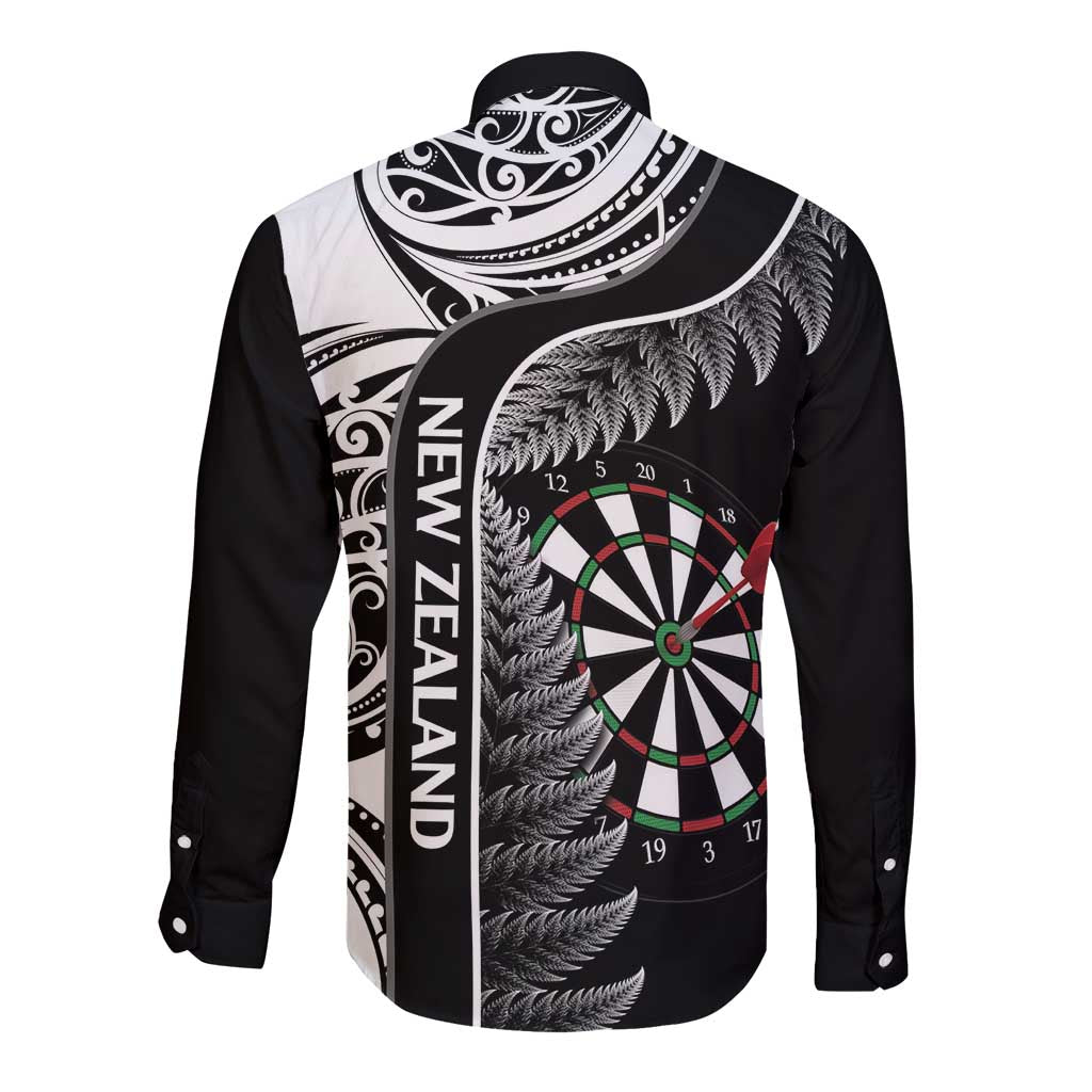 Personalised New Zealand Darts Long Sleeve Button Shirt Aotearoa Fern Mix Paua Shell Manaia - Black LT14 - Polynesian Pride