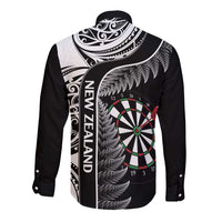 Personalised New Zealand Darts Long Sleeve Button Shirt Aotearoa Fern Mix Paua Shell Manaia - Black LT14 - Polynesian Pride