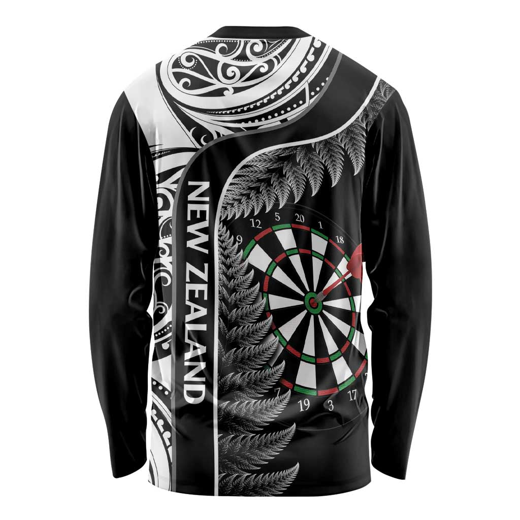 Personalised New Zealand Darts Long Sleeve Shirt Aotearoa Fern Mix Paua Shell Manaia - Black LT14 - Polynesian Pride