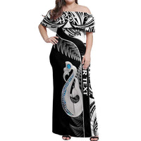 Personalised New Zealand Darts Off Shoulder Maxi Dress Aotearoa Fern Mix Paua Shell Manaia - Black LT14 Women Black - Polynesian Pride