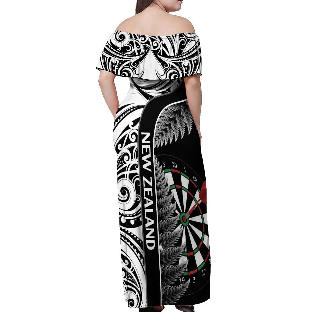 Personalised New Zealand Darts Off Shoulder Maxi Dress Aotearoa Fern Mix Paua Shell Manaia - Black LT14 - Polynesian Pride