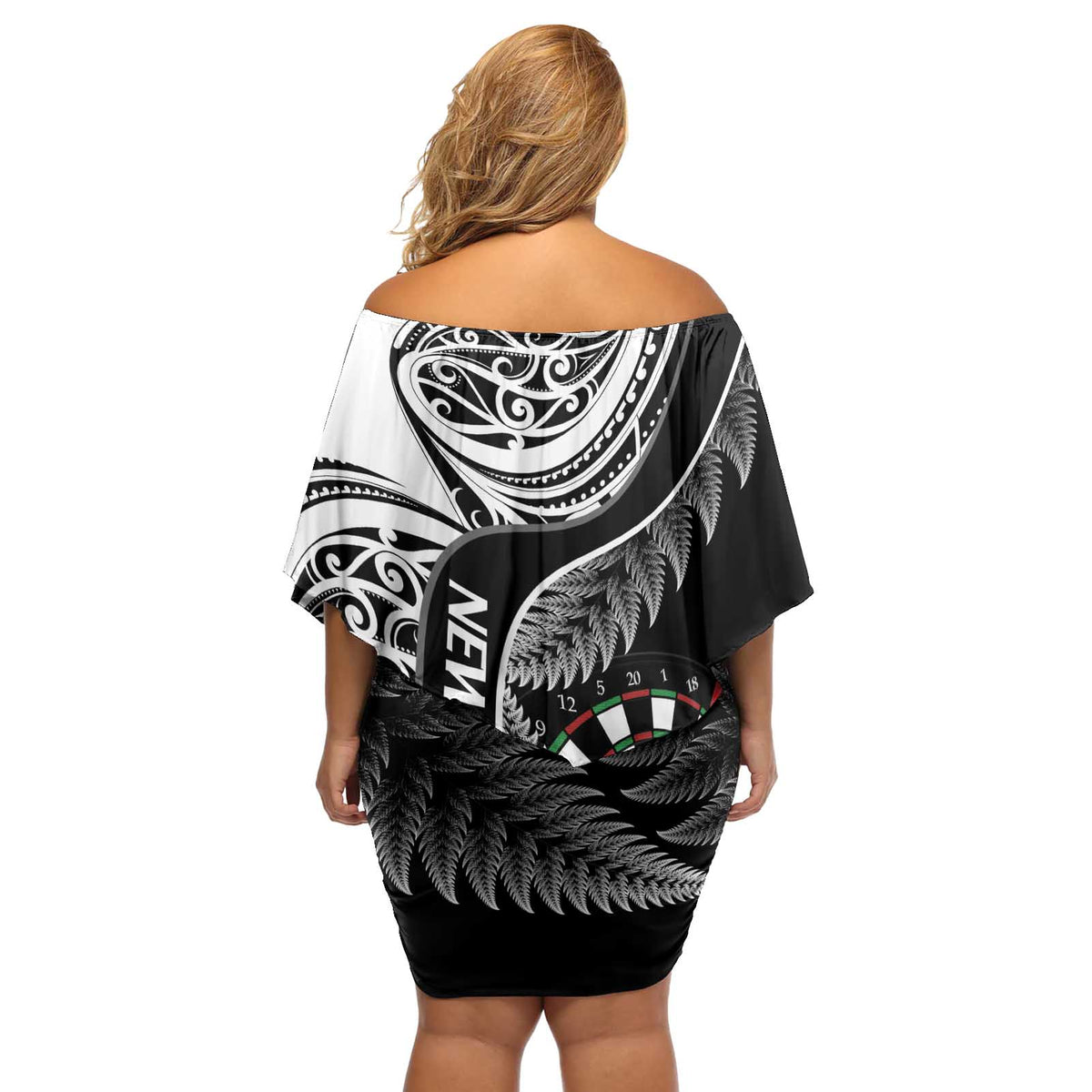 Personalised New Zealand Darts Off Shoulder Short Dress Aotearoa Fern Mix Paua Shell Manaia - Black LT14 - Polynesian Pride