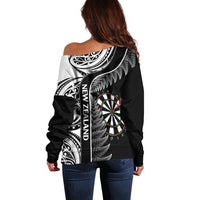 Personalised New Zealand Darts Off Shoulder Sweater Aotearoa Fern Mix Paua Shell Manaia - Black LT14 - Polynesian Pride
