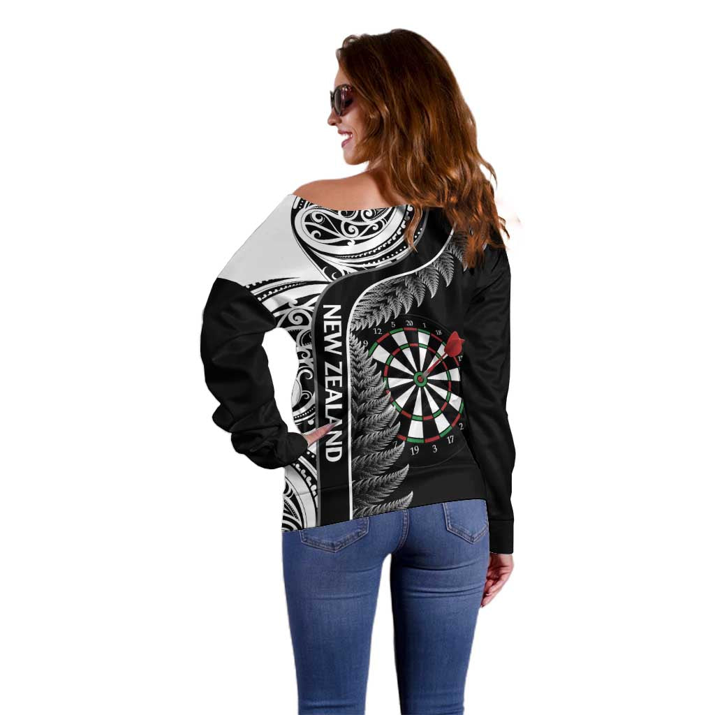 Personalised New Zealand Darts Off Shoulder Sweater Aotearoa Fern Mix Paua Shell Manaia - Black LT14 - Polynesian Pride