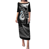Personalised New Zealand Darts Puletasi Aotearoa Fern Mix Paua Shell Manaia - Black LT14 Long Dress Black - Polynesian Pride