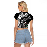 Personalised New Zealand Darts Raglan Cropped T Shirt Aotearoa Fern Mix Paua Shell Manaia - Black LT14 - Polynesian Pride